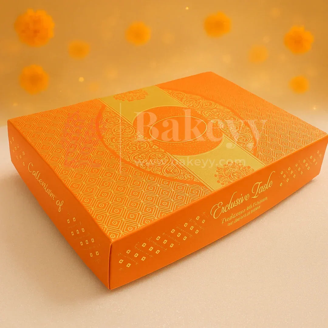 One Kg Sweet Box | Elegant Orange sweet and chocolate box with Golden tray | Pack of 10 - Bakeyy.com - India - One Kg Sweet Box | Elegant Orange sweet and chocolate box with Golden tray | Pack of 10 - Default Title