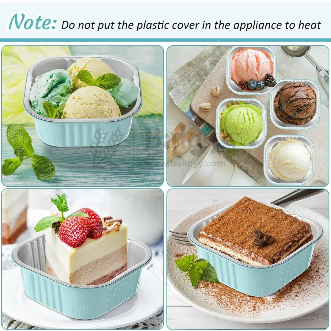 Aluminum Foil Baking Containers with Transparent Lid | Square Tins | Bake N Serve | Pack of 100 - Bakeyy.com - India - Aluminum Foil Baking Containers with Transparent Lid | Square Tins | Bake N Serve | Pack of 100 - Blue / 125 ml