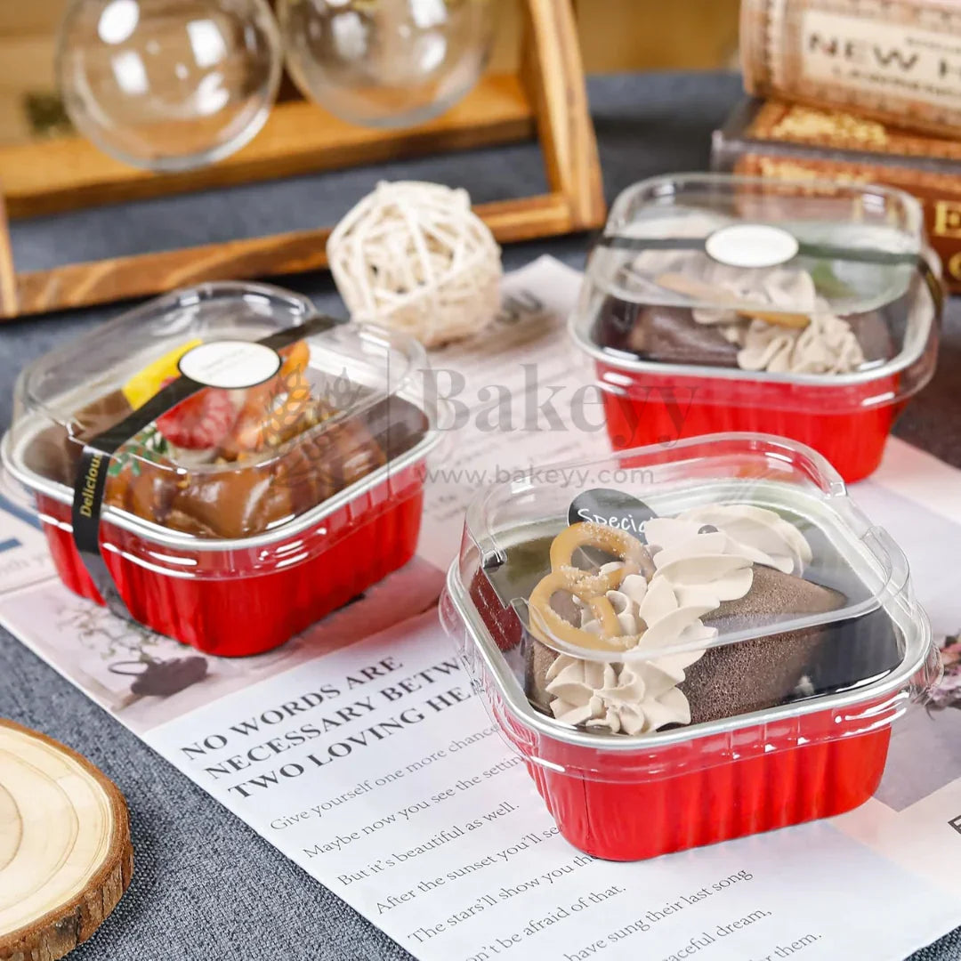 Aluminum Foil Baking Containers with Transparent Lid | Square Tins | Bake N Serve | Pack of 100