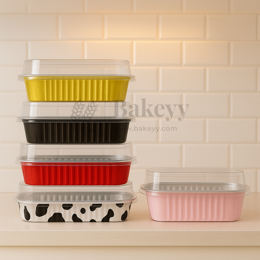 200 ml | Aluminum Foil Baking Containers with Transparent Lid | Rectangle Tins | Bake N Serve | Pack of 100