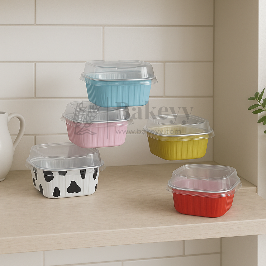 100 ml | Aluminum Foil Baking Containers with Transparent Lid | Square Tins | Bake N Serve | Pack of 100