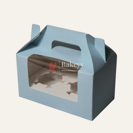 2-Cupcak Box with Handle | Sky Blue Colour | With Front Window | - Bakeyy.com - India - 2-Cupcak Box with Handle | Sky Blue Colour | With Front Window | - Pack of 10