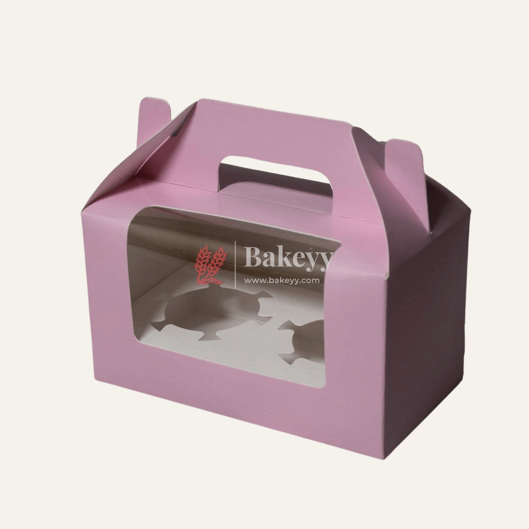 2-Cupcak Box with Handle | Pink Colour | With Front Window | - Bakeyy.com - India - 2-Cupcak Box with Handle | Pink Colour | With Front Window | - Pack of 10
