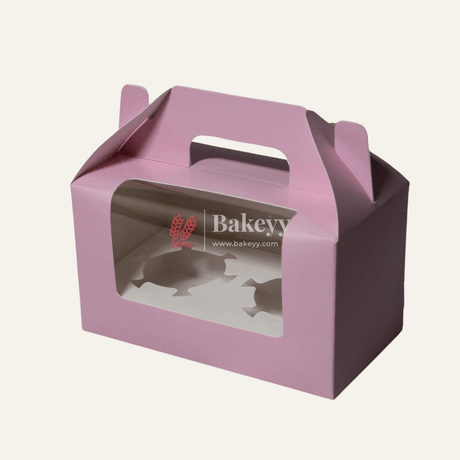 2-Cupcak Box with Handle | Pink Colour | With Front Window | - Bakeyy.com - India - 2-Cupcak Box with Handle | Pink Colour | With Front Window | - Pack of 10
