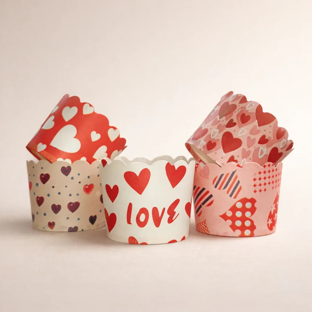 5 cm | Valentine Printed Muffin Cup | Cupcake Paper Cups | Heart Design Baking Liners | Pack of 50