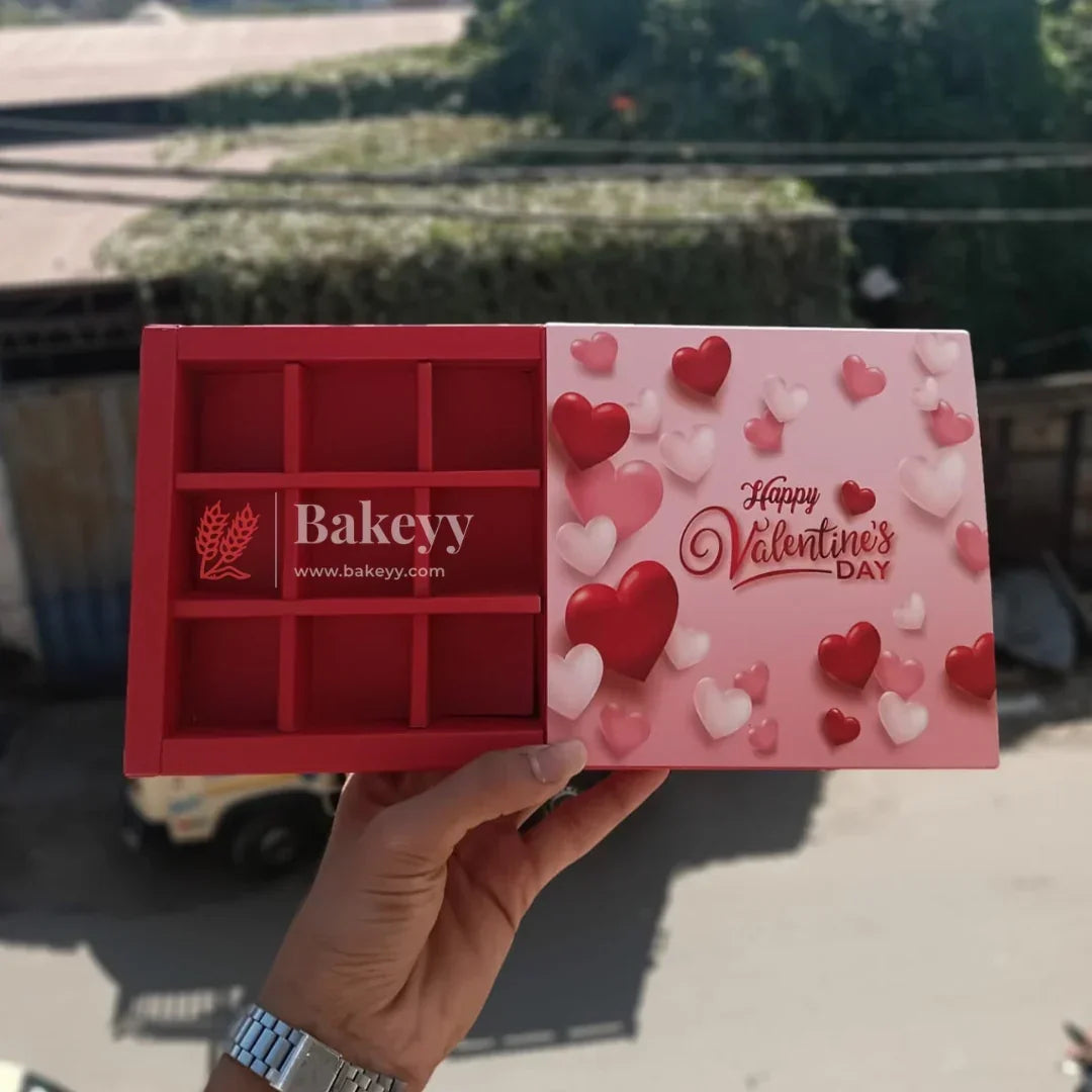 Valentine’s 9 Cavity Chocolate Gift Box with Sliding Lid | Rigid Hard Box with Partitions | Pack of 10