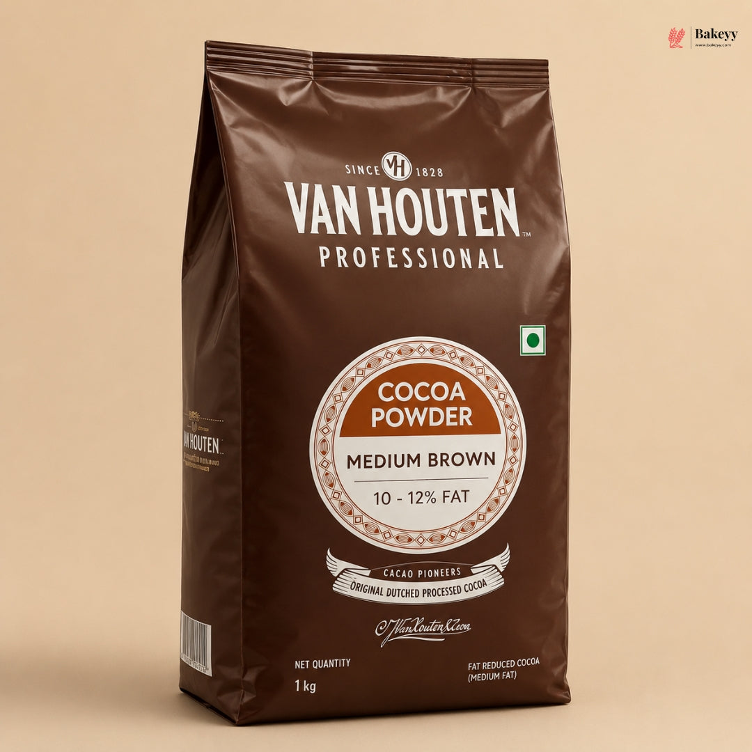 Van Houten cocoa powder bag on a beige background