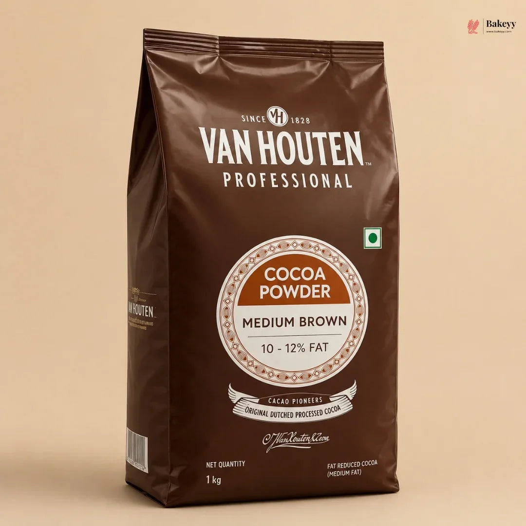 Van Houten cocoa powder bag on a beige background