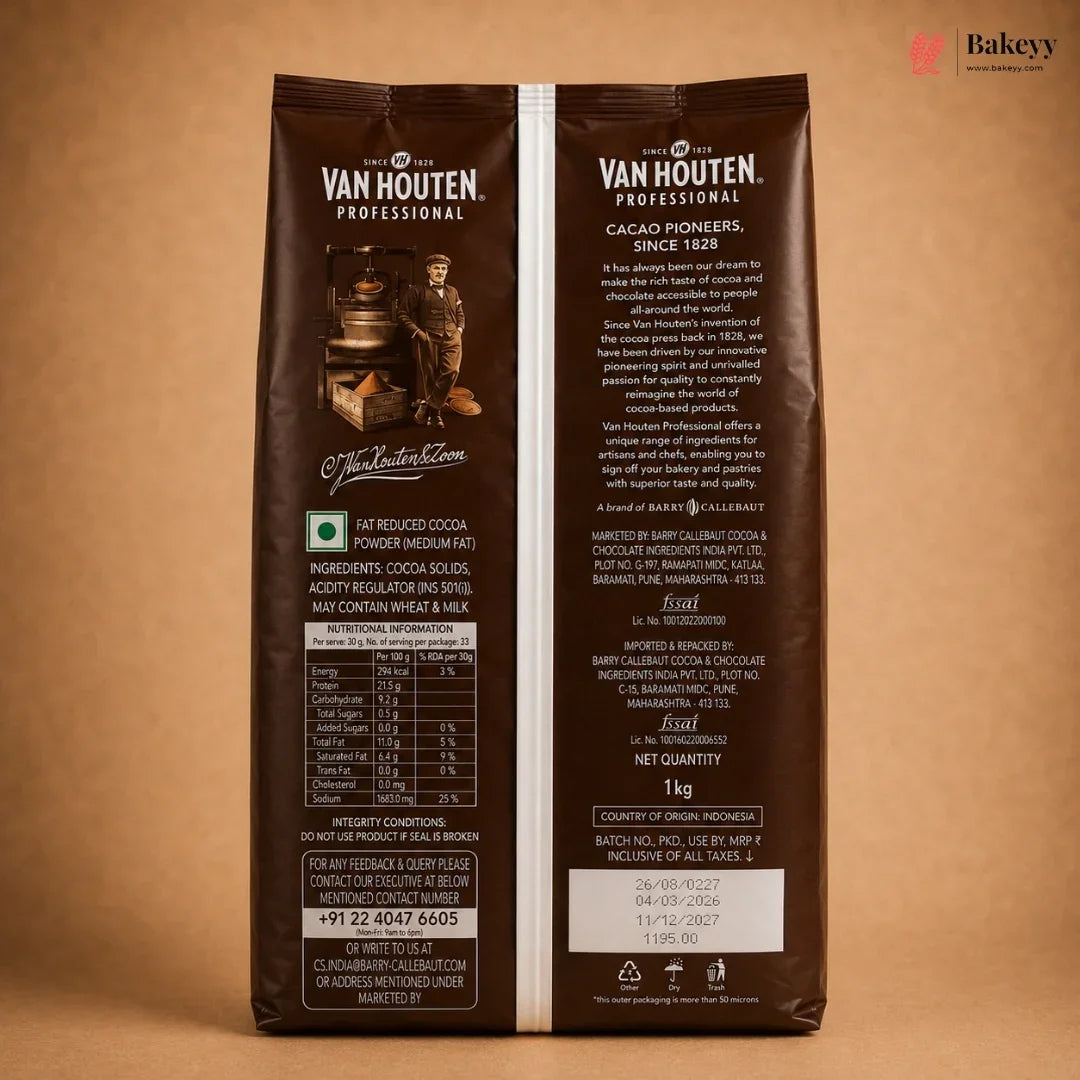 Van Houten Cocoa Powder Dark Brown (10-12% Fat) | 1 kg | Pack of 1