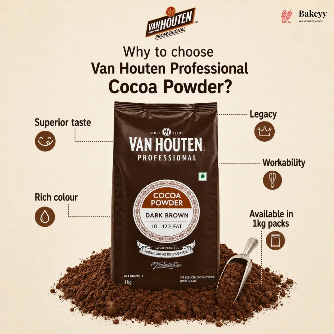 Van Houten Cocoa Powder Dark Brown (10-12% Fat) | 1 kg | Pack of 1