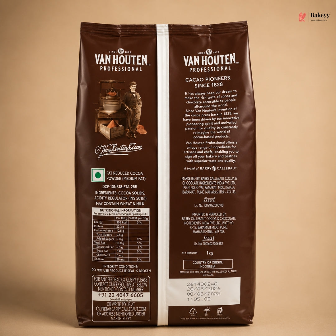 Van Houten Professional cocoa powder packaging on a beige background
