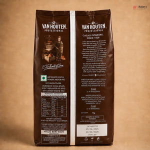 Van Houten Professional cocoa powder packaging on a beige background