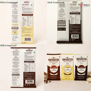 Van Houten compound chocolate packaging in white, dark, and milk compounds on a light background.