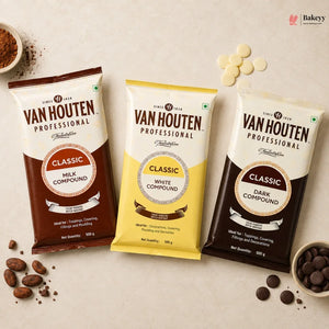 Three Van Houten chocolate compound packages on a light background with chocolate ingredients.