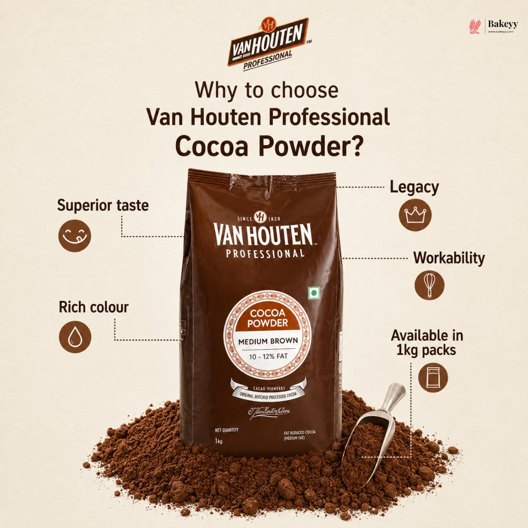 Van Houten Cocoa Powder Medium Fat (10-12% Fat) | 1 kg | Pack of 1
