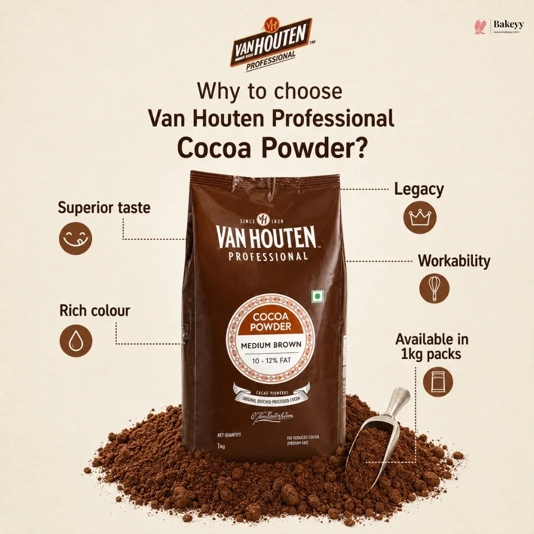 Van Houten Professional Cocoa Powder packaging with features listed on a beige background