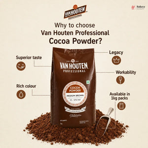 Van Houten Professional Cocoa Powder packaging with features listed on a beige background