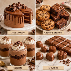 A four-panel collage showcasing chocolate desserts: a chocolate cake with a slice cut out, assorted chocolate cookies and brownies on a plate, chocolate mousse in glasses topped with whipped cream, and various molded chocolates beside a chocolate bar. Labels read 'Cake & Pastry', 'Cookies & Brownies', 'Desserts', and 'Moulding'.