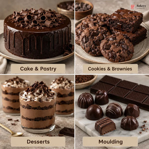 A four-panel collage showcasing chocolate desserts: a chocolate cake with drizzle and shavings, chocolate cookies and brownies, layered chocolate desserts in glasses, and various molded chocolates with chocolate bars. The panels are labeled 'Cake & Pastry', 'Cookies & Brownies', 'Desserts', and 'Moulding' on a neutral beige background, with a 'Bakeyy' logo in the top right corner.