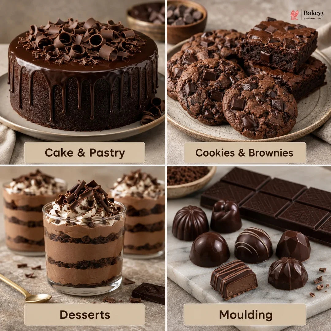 A four-panel collage showcasing chocolate desserts: a chocolate cake with drizzle and shavings, chocolate cookies and brownies, layered chocolate desserts in glasses, and various molded chocolates with chocolate bars. The panels are labeled 'Cake & Pastry', 'Cookies & Brownies', 'Desserts', and 'Moulding' on a neutral beige background, with a 'Bakeyy' logo in the top right corner.