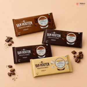 Four Van Houten Professional chocolate bars in assorted flavors, arranged diagonally on a warm beige background with scattered chocolate pieces and cocoa powder. The bars are individually wrapped in brown, dark brown, and cream-colored packaging, with the Van Houten brand name clearly visible.
