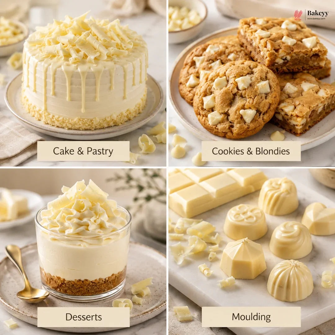 A four-panel collage showcasing white chocolate desserts and baking ingredients. The top-left panel shows a round white chocolate cake with drizzle and shavings.