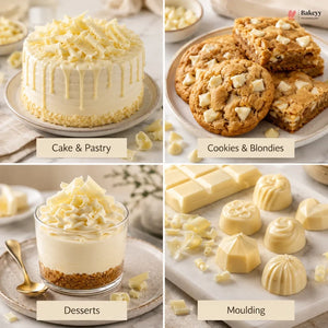 A four-panel collage showcasing white chocolate desserts and baking ingredients. The top-left panel shows a round white chocolate cake with drizzle and shavings.