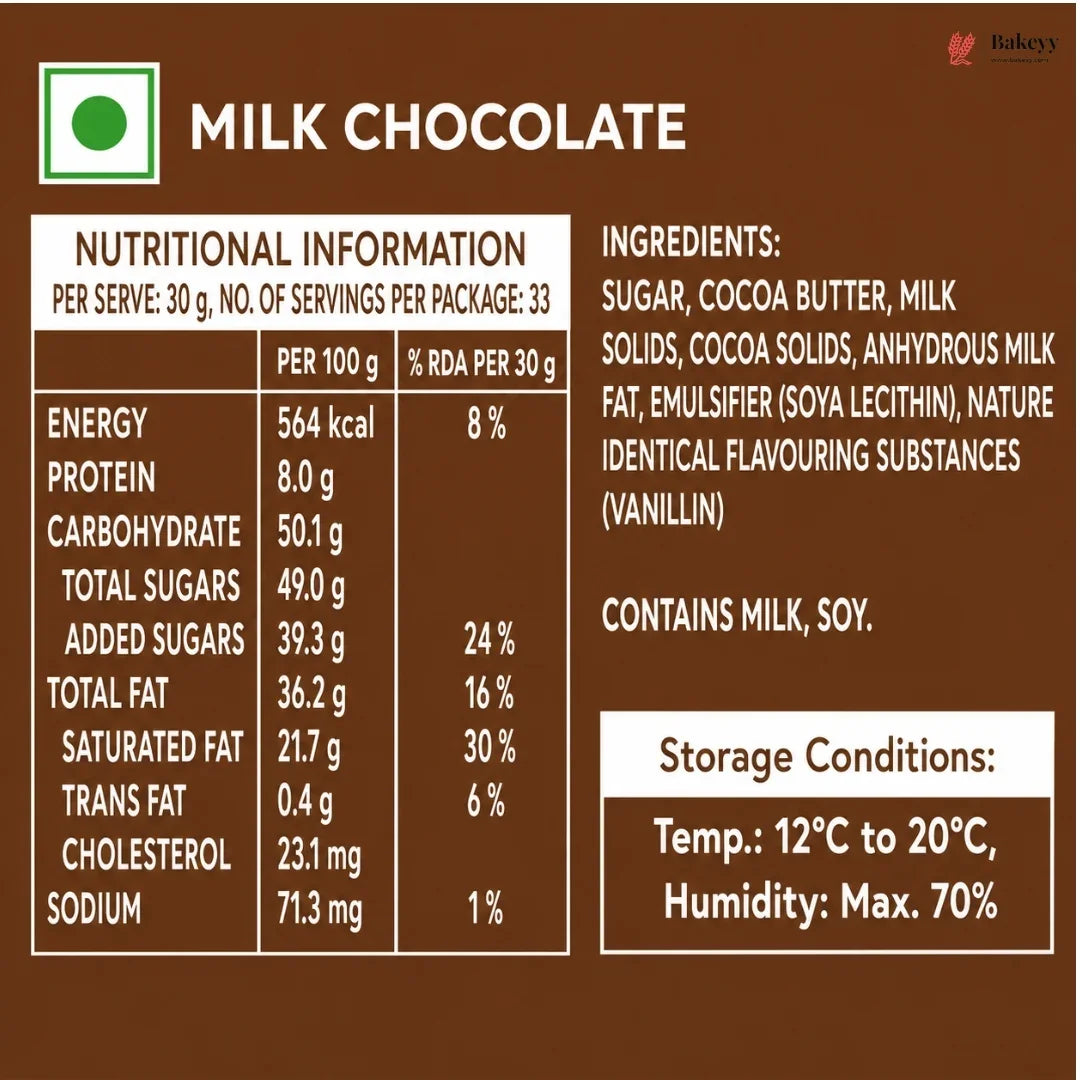 Nutritional information and ingredients label for Milk Chocolate, featuring a brown background with white text, a green oval logo, and storage conditions details.