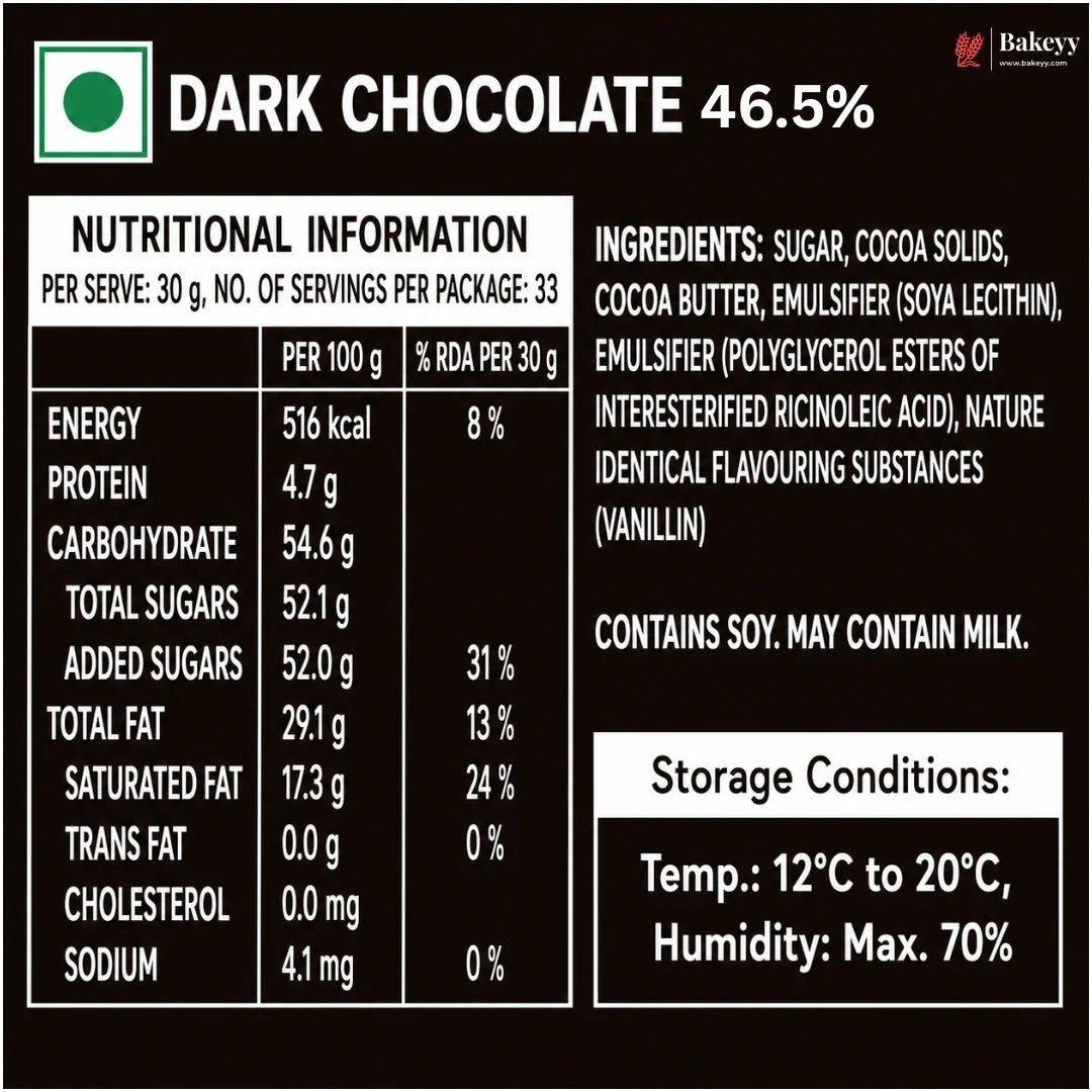 A dark chocolate powder packaging label in Hindi and English, featuring a high cocoa content of 46.5%.