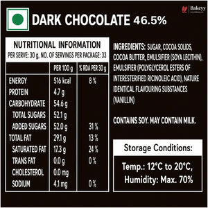 A dark chocolate powder packaging label in Hindi and English, featuring a high cocoa content of 46.5%.
