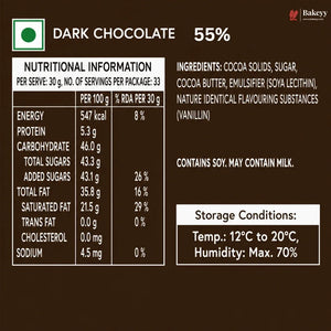 Nutritional information label for Bakeey Dark Chocolate 55% flavor, showing per serving and per 100g values on a dark brown background.