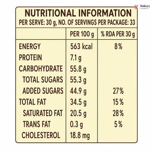 A nutrition facts label showing nutritional information per 30 g serving, with columns for energy, protein, carbohydrate, total sugars, added sugars, total fat, saturated fat, trans fat, and cholesterol. The label has a cream background with dark brown text and border.
