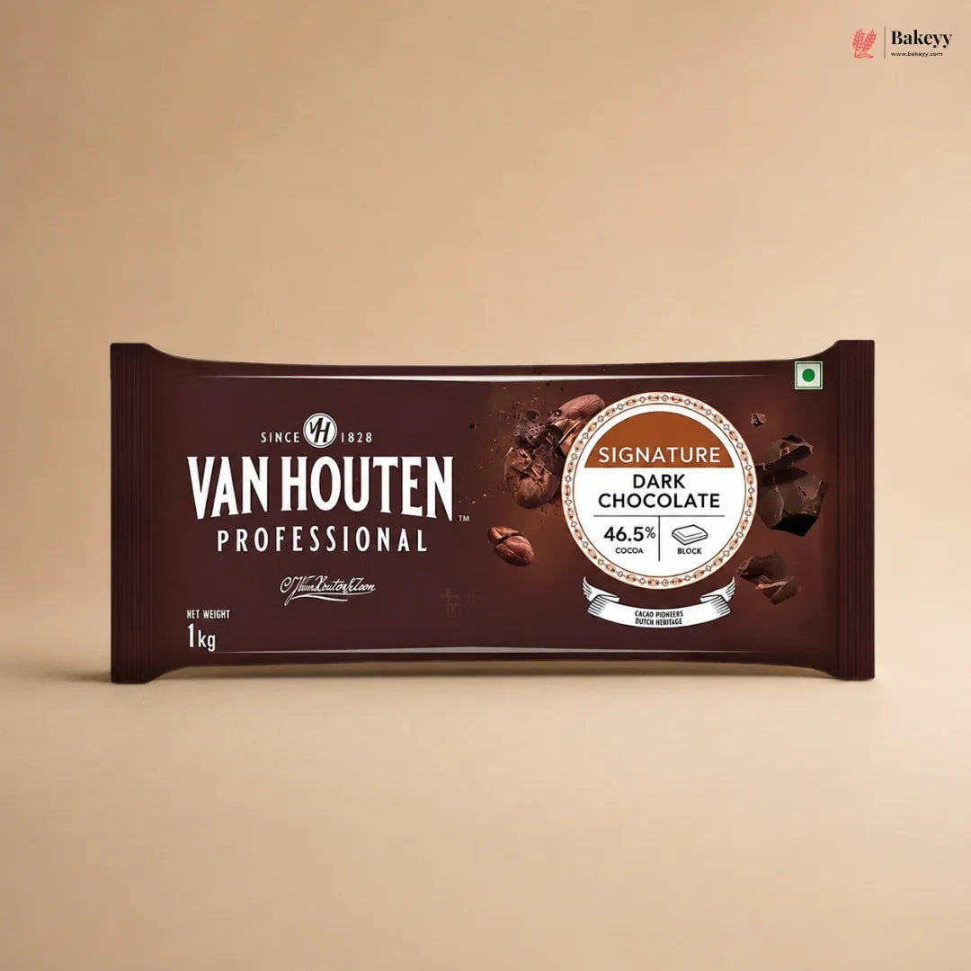 A 1kg bar of Van Houten Professional Signature Dark Chocolate 46.5% cocoa, in its signature dark brown wrapper, displayed against a solid beige background.
