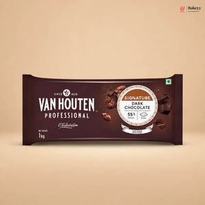 A 1 kg bar of Van Houten Professional Signature Dark Chocolate 55% cocoa, shown in its signature dark brown packaging against a solid beige background.