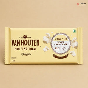A 1 kg bar of Van Houten Professional Signature White Chocolate in its signature pale cream wrapper, displayed against a solid beige background.
