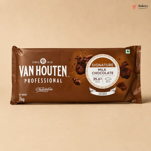A 1 kg bar of Van Houten Professional Signature Milk Chocolate in its brown paper packaging, displayed against a solid beige background.