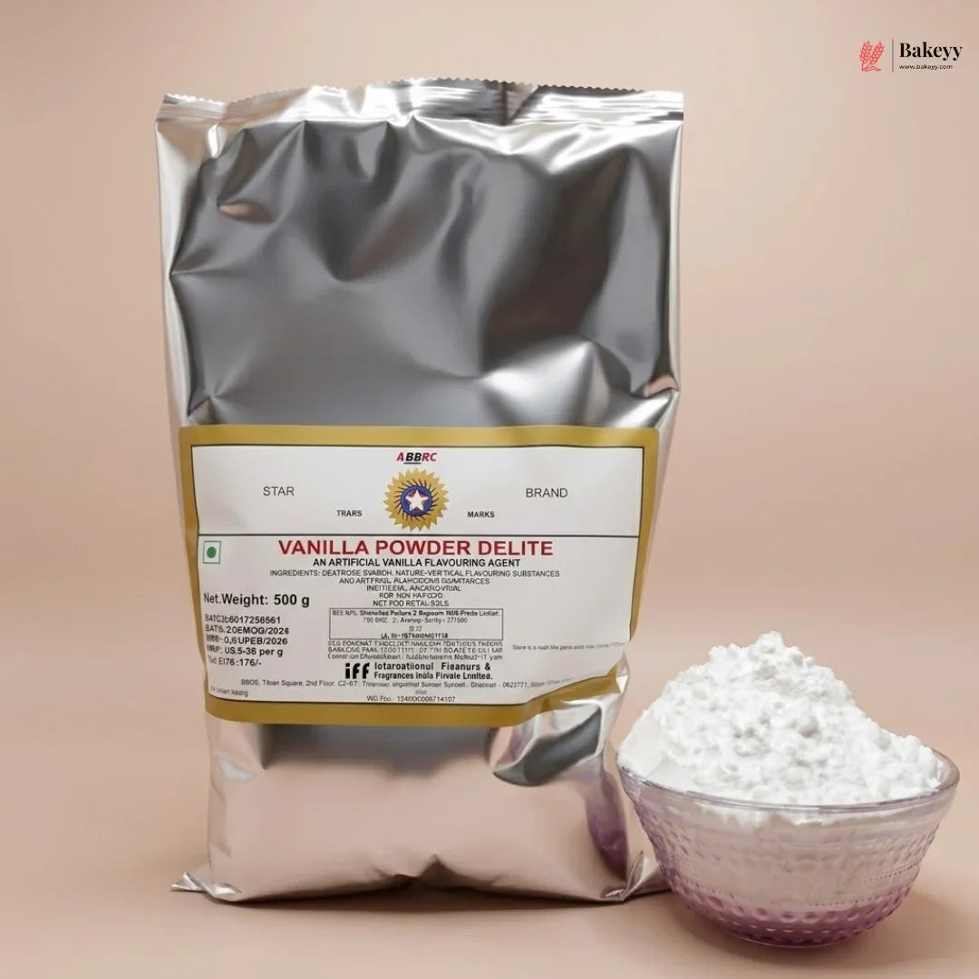 Vanilla powder package with a bowl of powder on a beige background