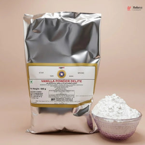 Vanilla powder package with a bowl of powder on a beige background