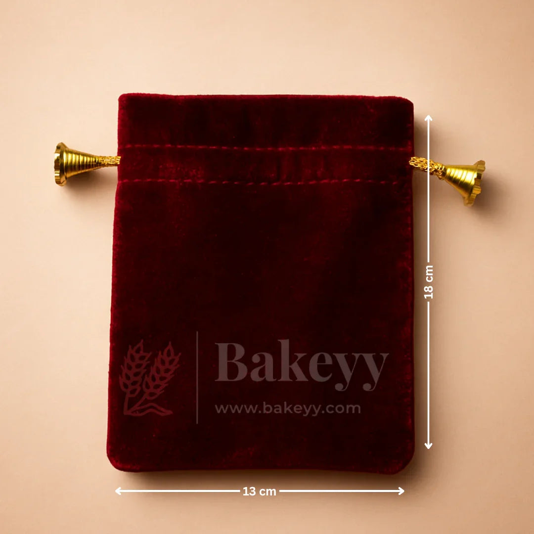Red velvet potli bag with gold drawstring, 13x18 cm, gift packaging by Bakeyy.com