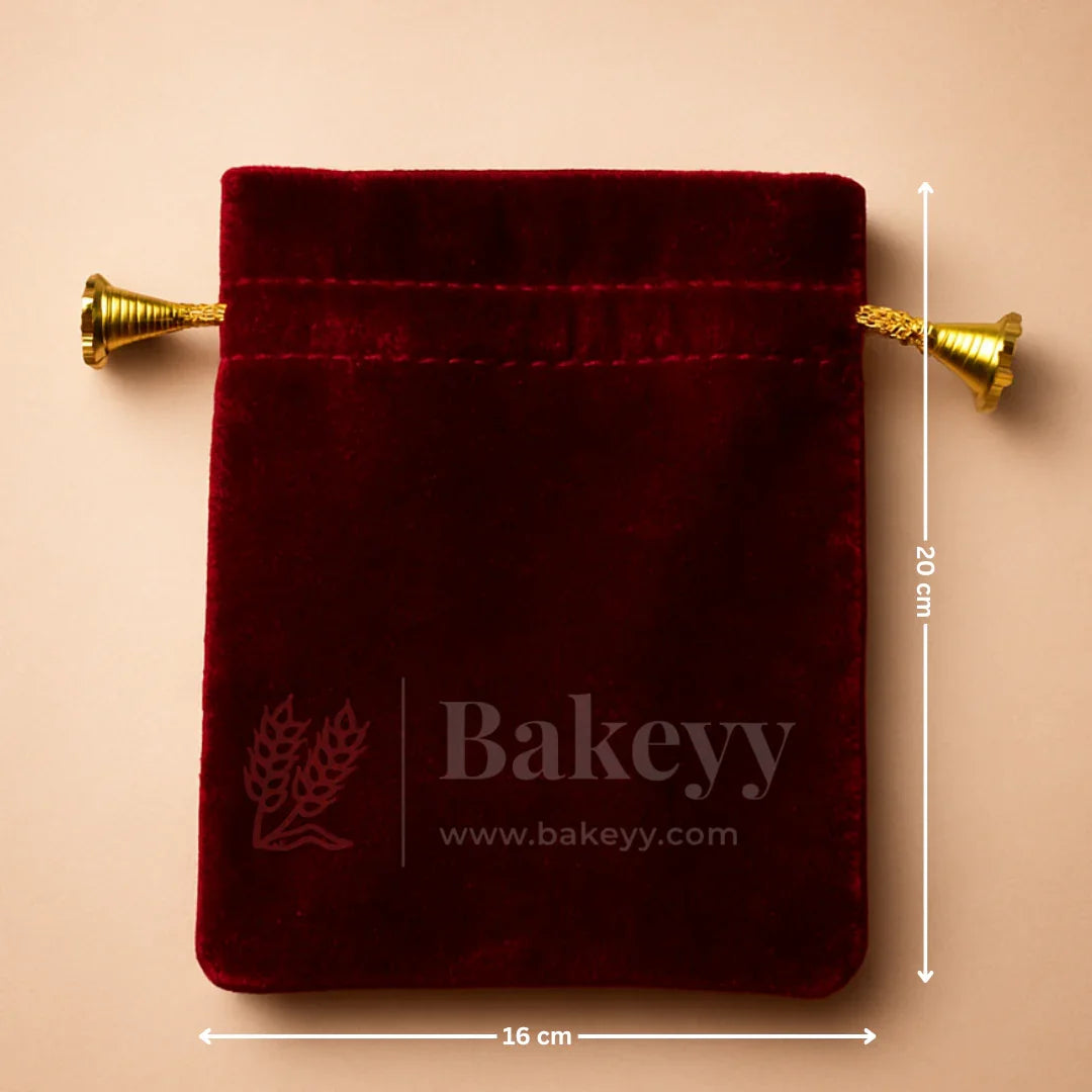 Red velvet potli bag with gold drawstring, 16x20 cm, gift packaging from Bakeyy.com