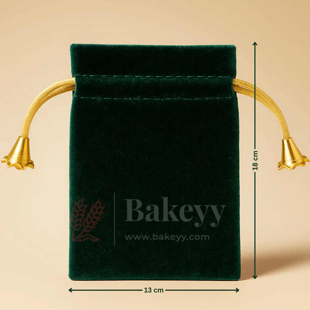 Dark green velvet potli bag with gold drawstrings, 13x18 cm, gift packaging from Bakeyy.com