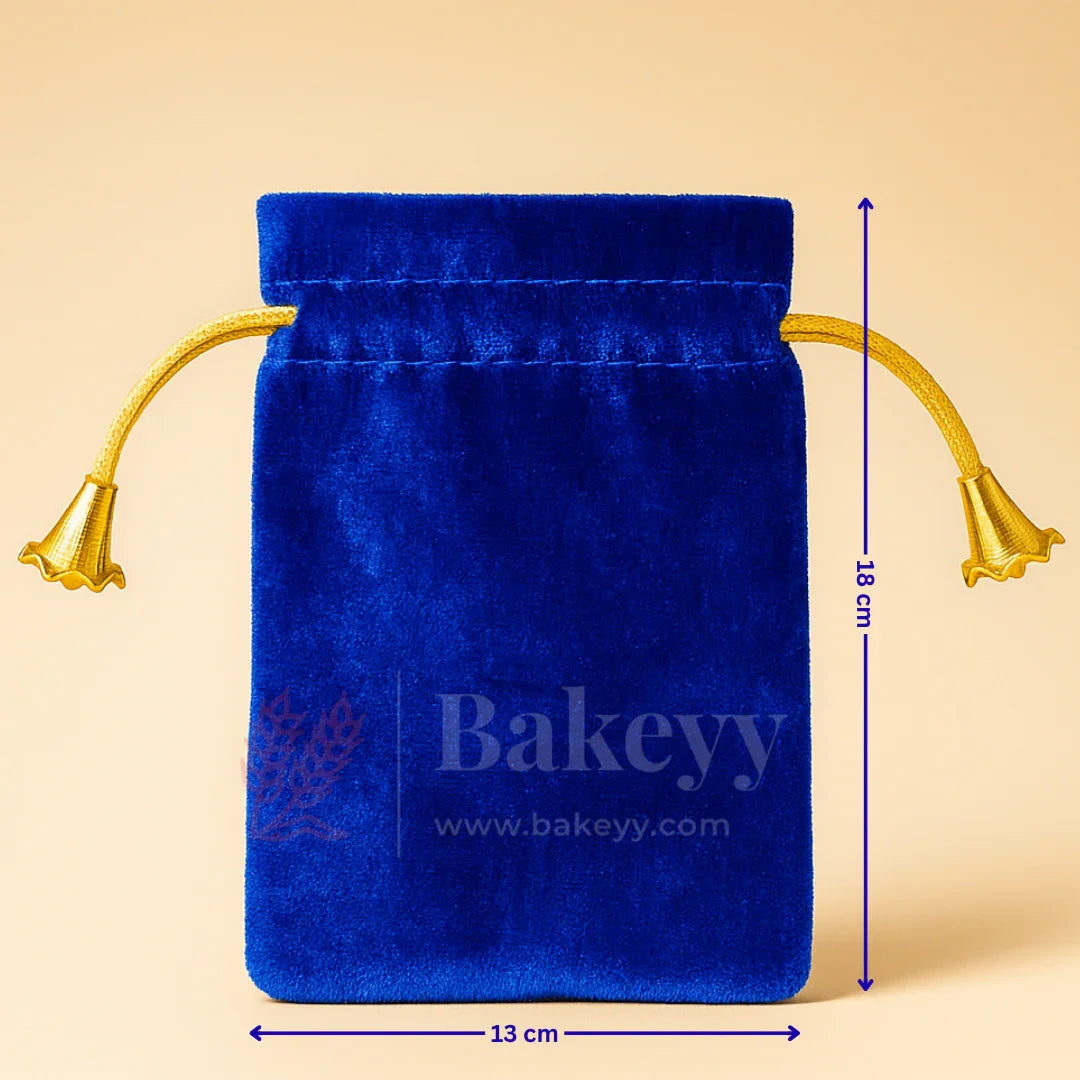 Royal blue velvet potli gift bag with gold drawstrings, 18x13 cm, Bakeyy wholesale packaging