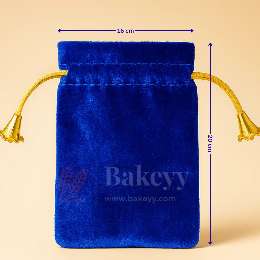 Blue velvet potli bag with yellow drawstring, 16x20 cm, for gift packaging from Bakeyy.com