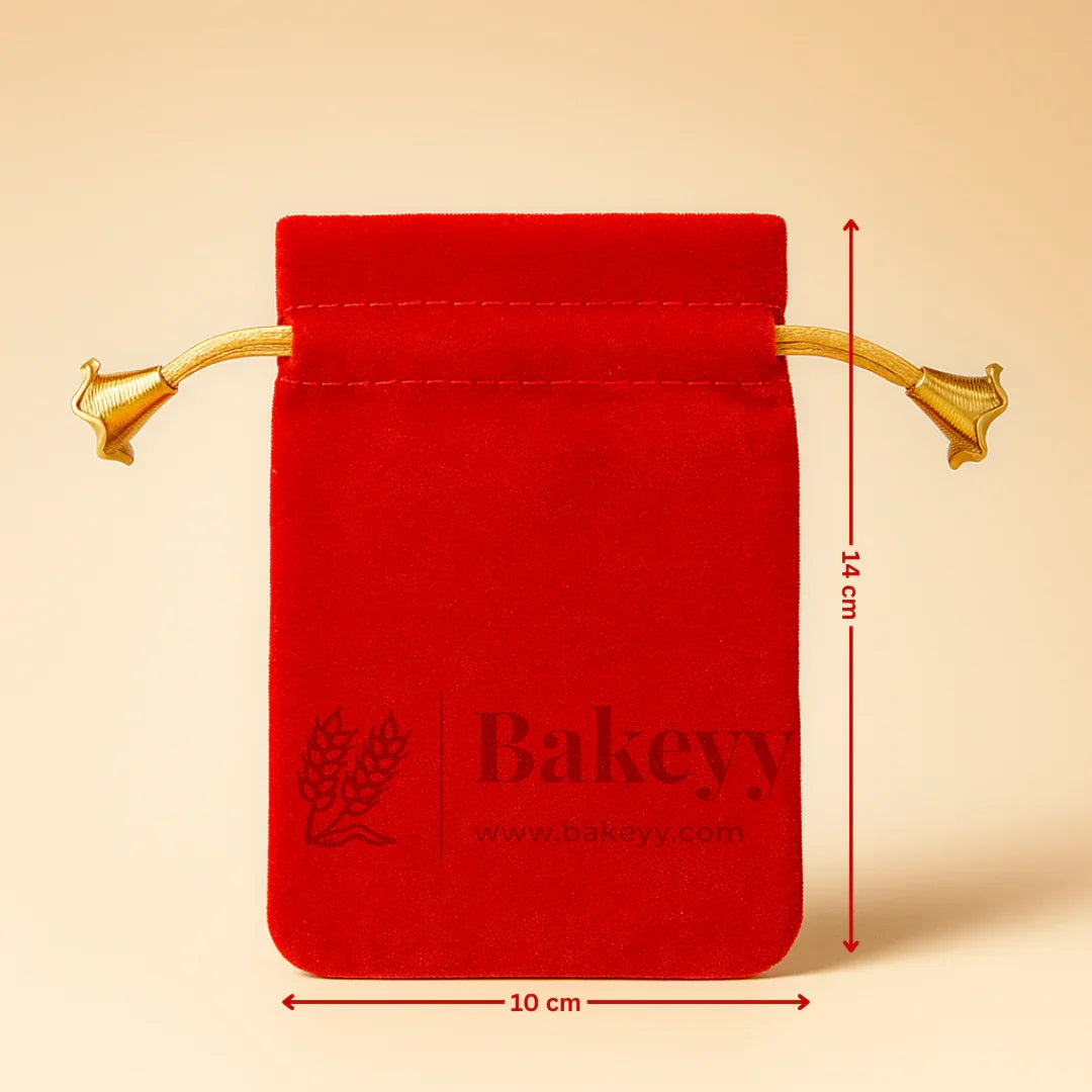 Red velvet potli bag with gold drawstrings, 14x10 cm, Bakeyy gift packaging supply.