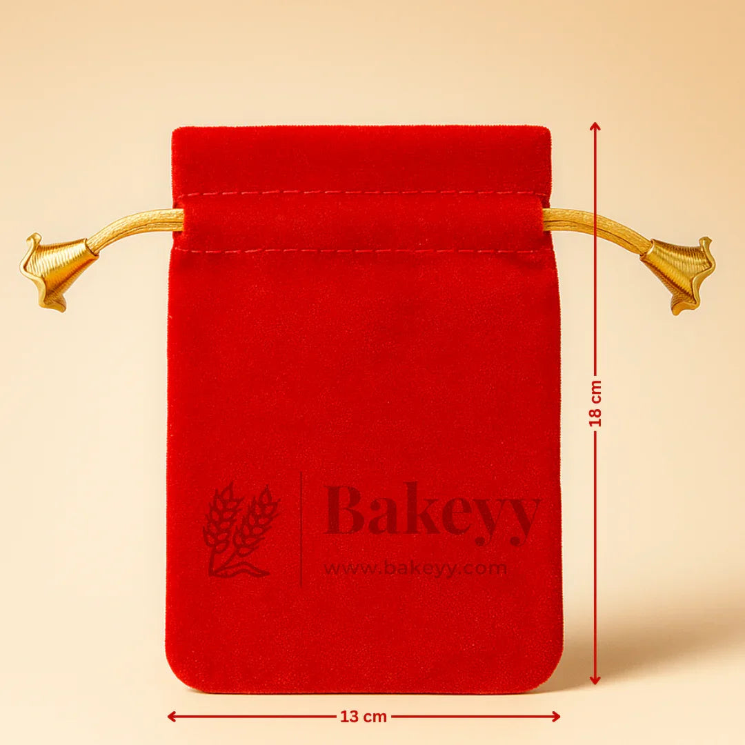Red velvet potli gift bag 13x18 cm with gold drawstring, Bakeyy gift packaging supply