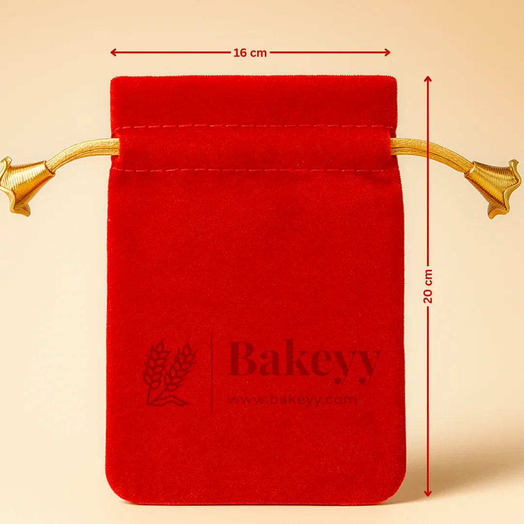 Red velvet potli gift bag with gold drawstring, 16x20 cm, Bakeyy gift packaging.
