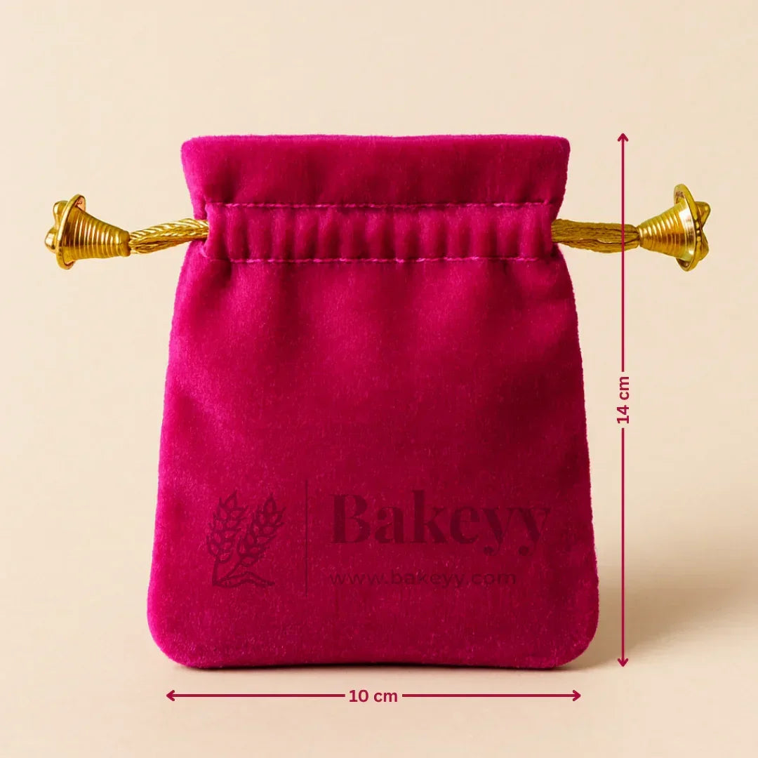 Pink velvet potli gift bag with gold drawstring, 14x10 cm, Bakeyy.com packaging supplies