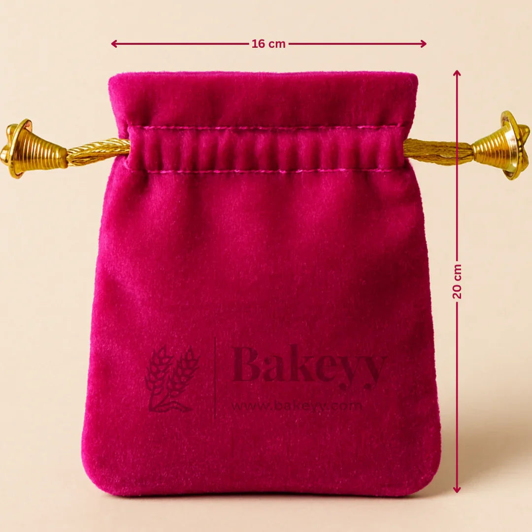 Magenta velvet potli gift bag with gold drawstring, 16x20 cm, Bakeyy.com packaging product