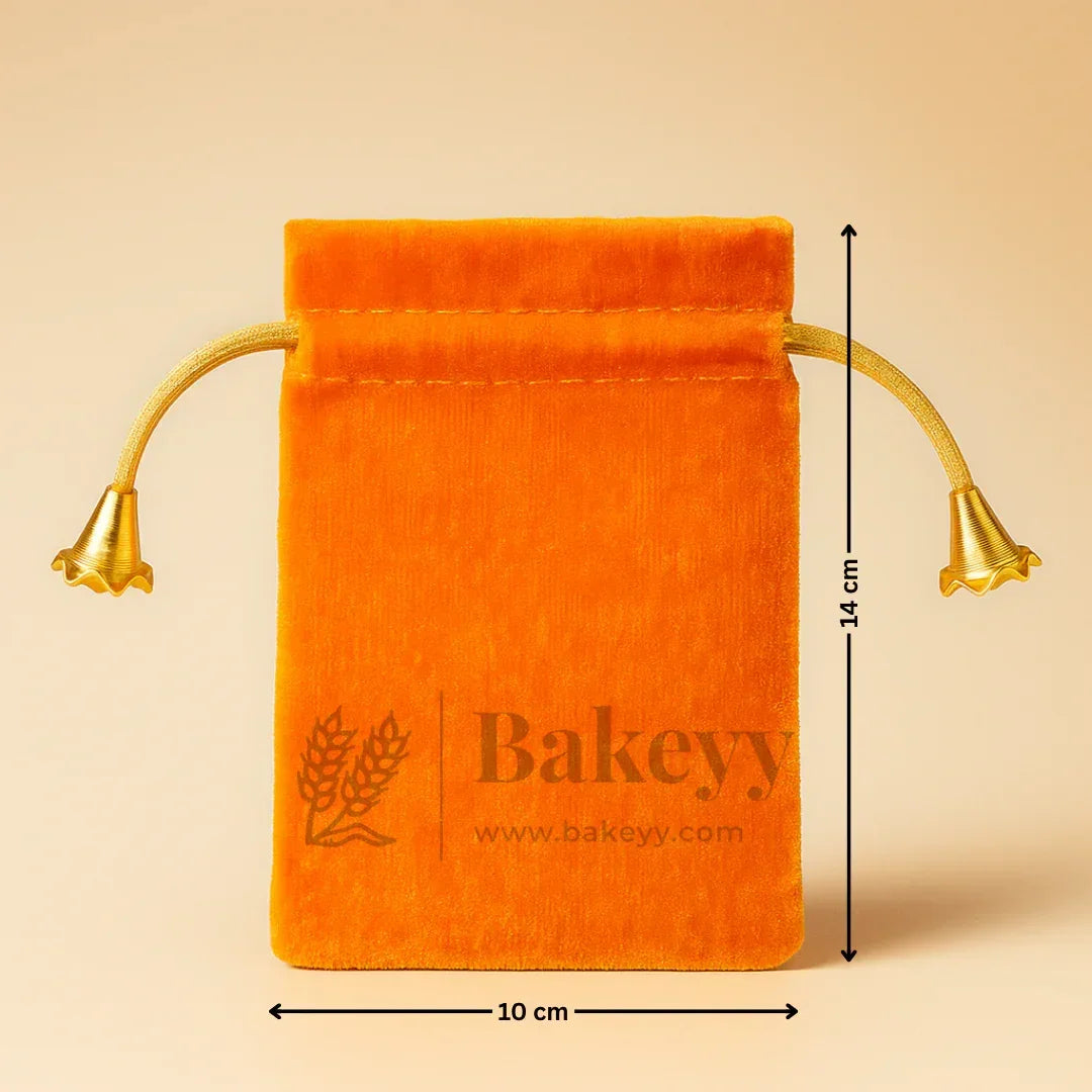 Bakeyy velvet potli gift bag, orange with gold drawstrings, 10x14 cm for packaging