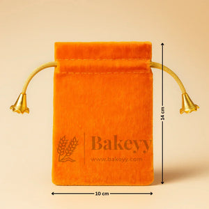 Bakeyy velvet potli gift bag, orange with gold drawstrings, 10x14 cm for packaging